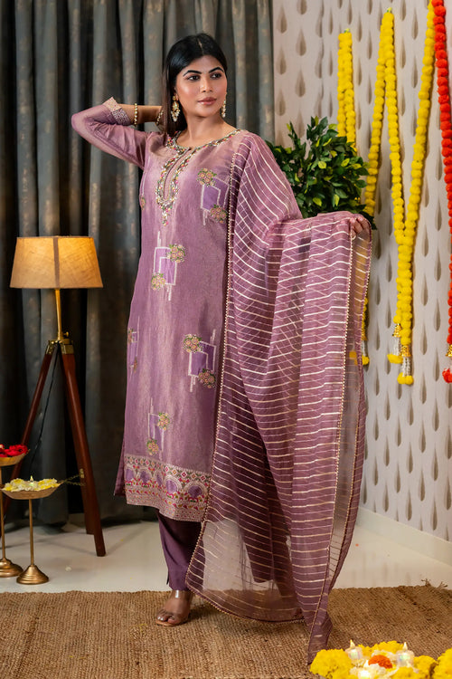 Mauve Color Tissue Silk Embroided Suit Set