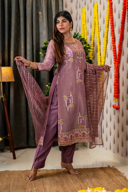 Mauve Color Tissue Silk Embroided Suit Set