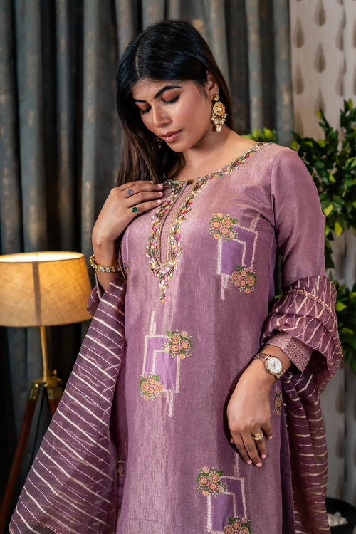 Mauve Color Tissue Silk Embroided Suit Set