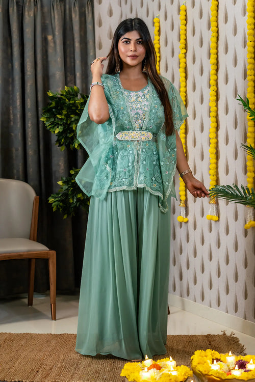 Sea Green Color Embroided Cape Sharara Set