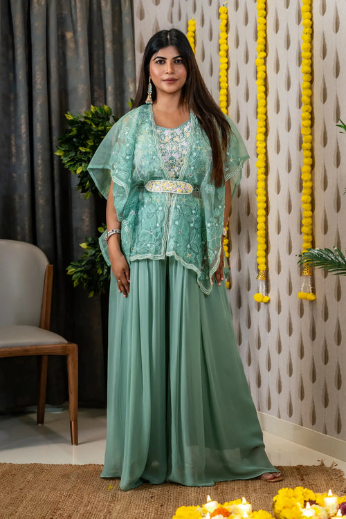 Sea Green Color Embroided Cape Sharara Set