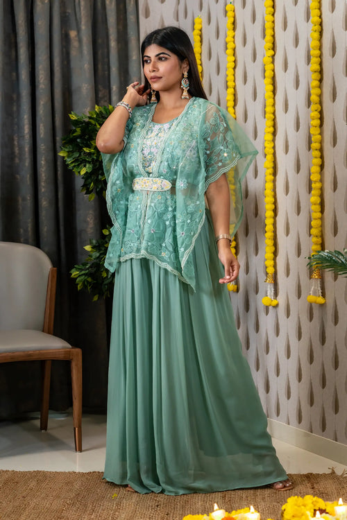 Sea Green Color Embroided Cape Sharara Set