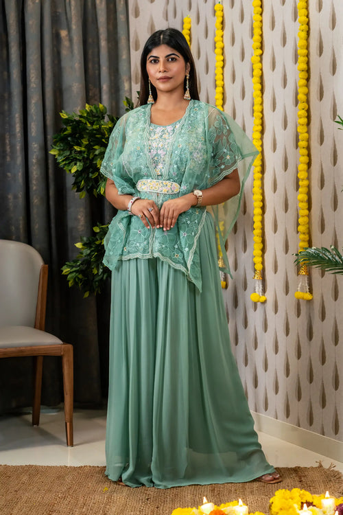 Sea Green Color Embroided Cape Sharara Set