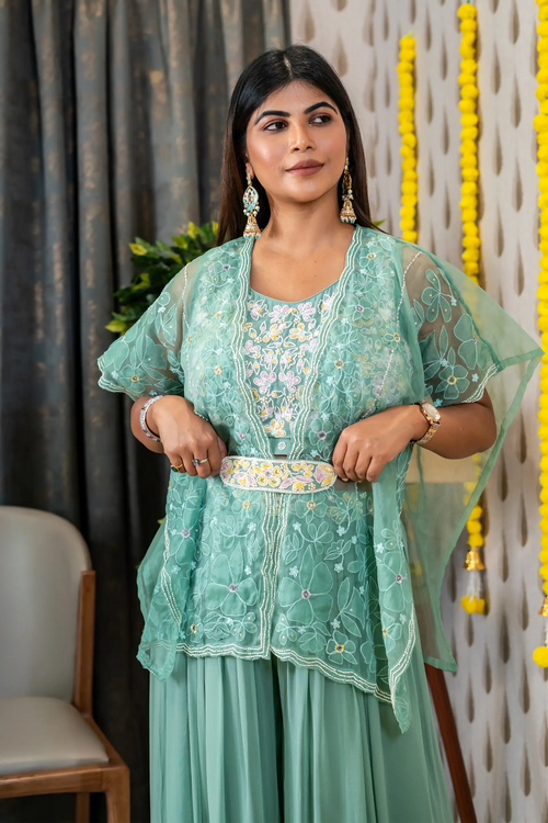 Sea Green Color Embroided Cape Sharara Set