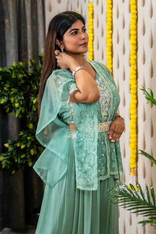 Sea Green Color Embroided Cape Sharara Set