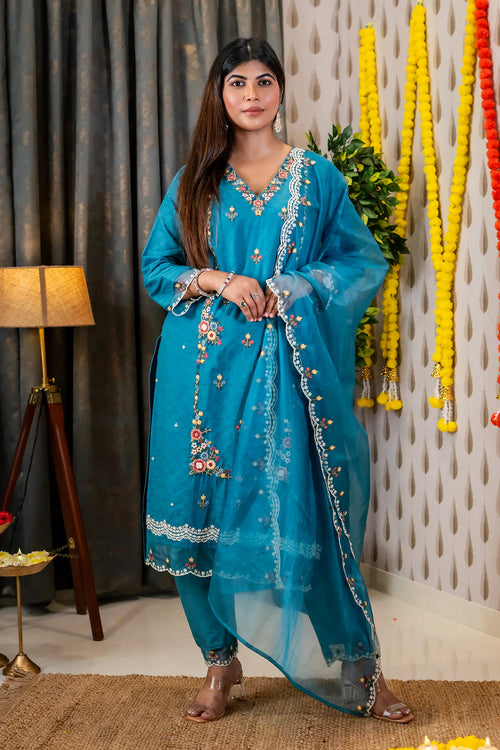 Blue Dobby Cotton Embroided Suit Set