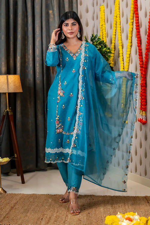 Blue Dobby Cotton Embroided Suit Set