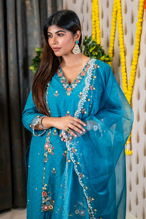 Blue Dobby Cotton Embroided Suit Set