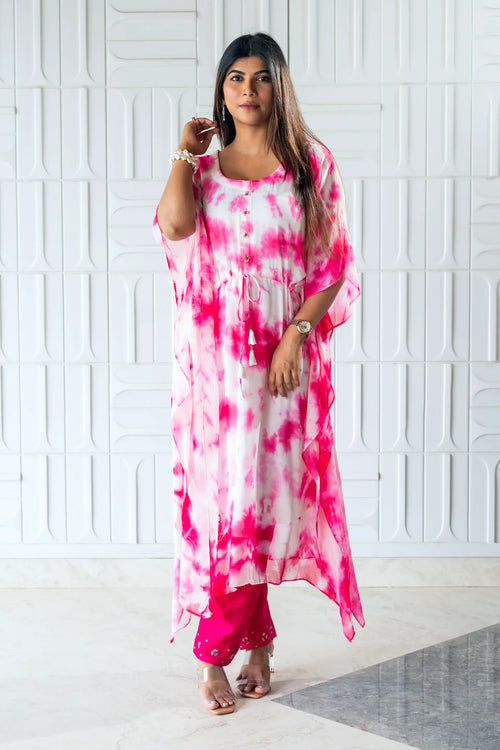 Hot Pink & White Georgette Marble Print Kaftan Set