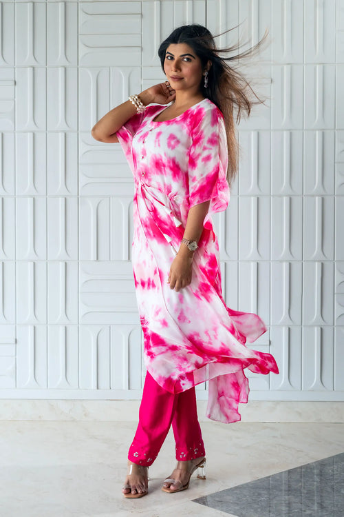 Hot Pink & White Georgette Marble Print Kaftan Set