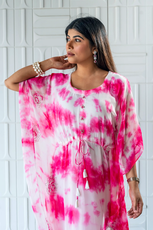 Hot Pink & White Georgette Marble Print Kaftan Set