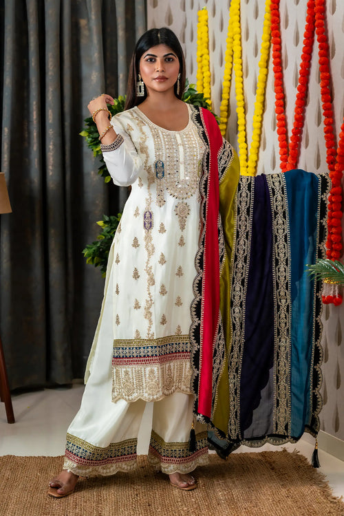 White Embroidered Straight Suit Set