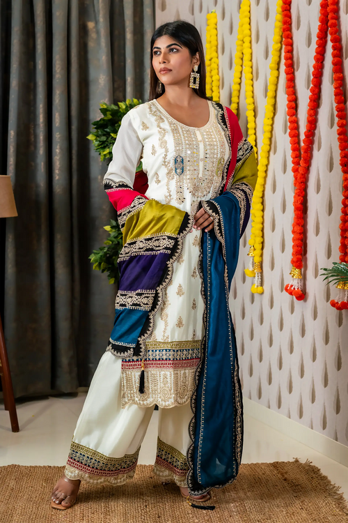 White Embroidered Straight Suit Set