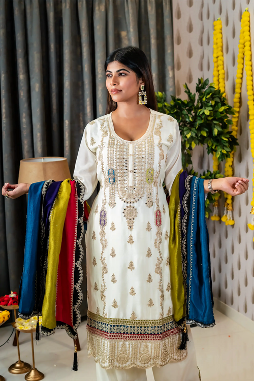 White Embroidered Straight Suit Set