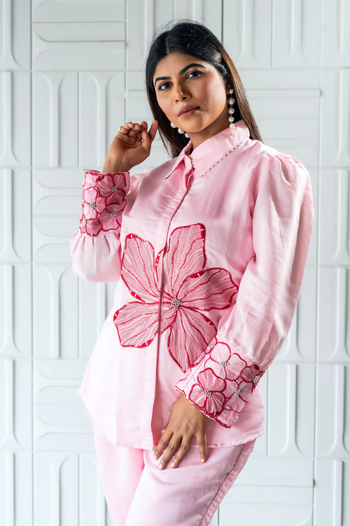 Pink Chanderi Embroidered Co-ord Set