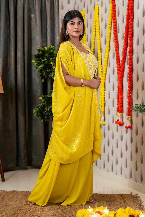 Yellow Embroided Georgette Cape Palazzo Set