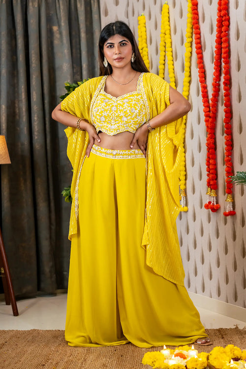 Yellow Embroided Georgette Cape Palazzo Set