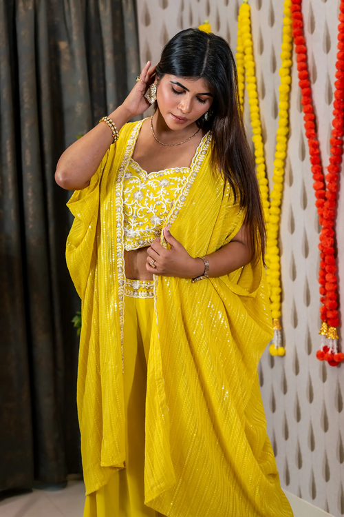 Yellow Embroided Georgette Cape Palazzo Set