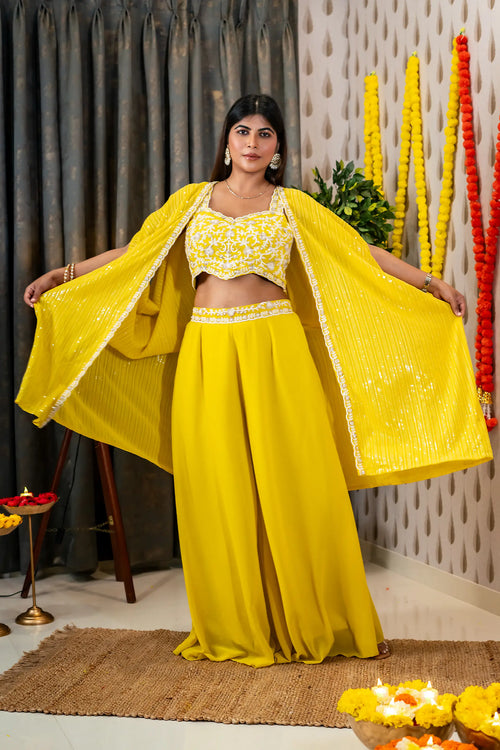 Yellow Embroided Georgette Cape Palazzo Set