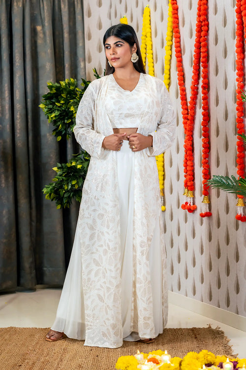 White Georgette Embroidered Cape Palazzo Set