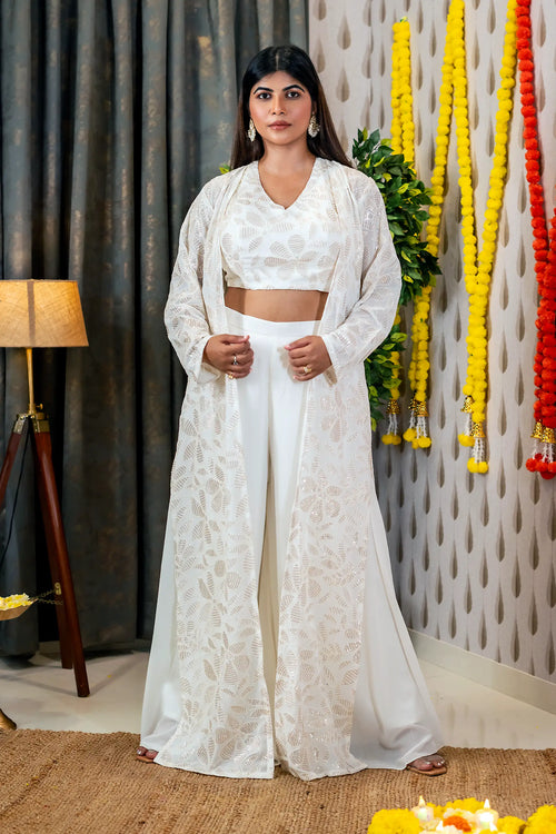 White Georgette Embroidered Cape Palazzo Set