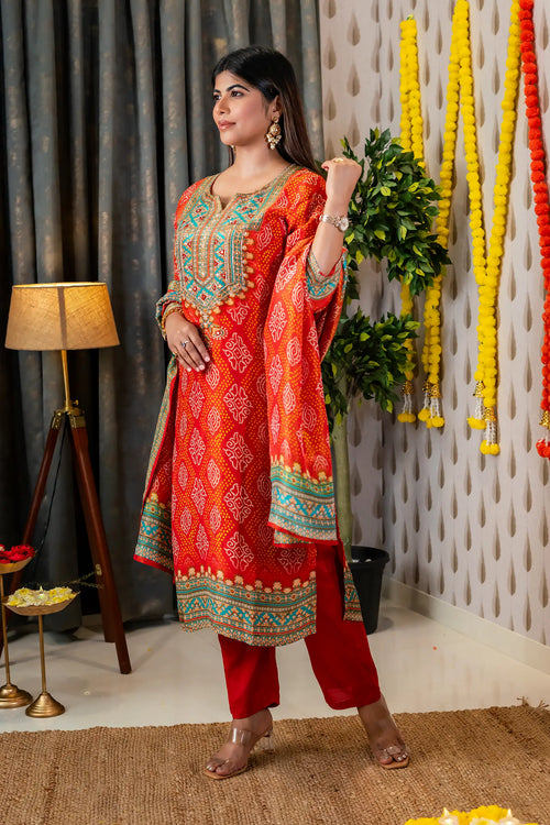 Orange & Firozi Bandhani Print Suit Set