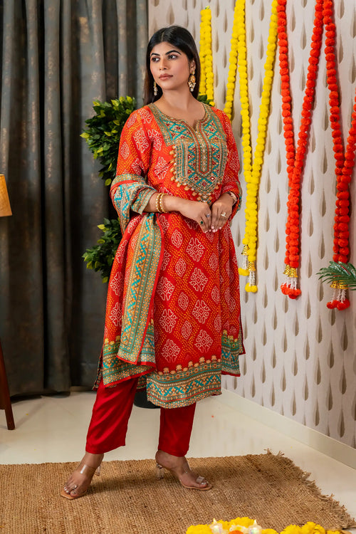 Orange & Firozi Bandhani Print Suit Set