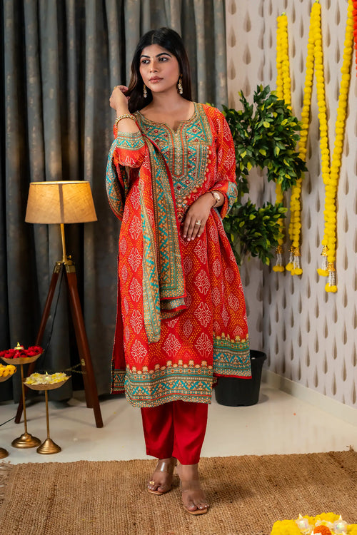 Orange & Firozi Bandhani Print Suit Set