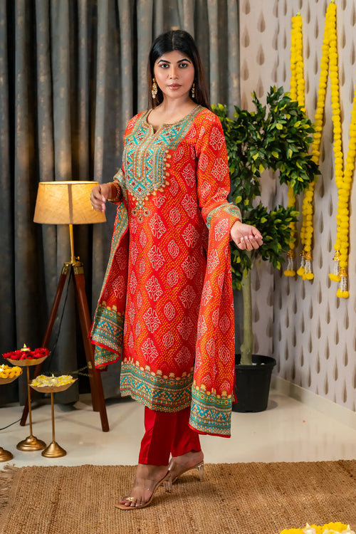 Orange & Firozi Bandhani Print Suit Set