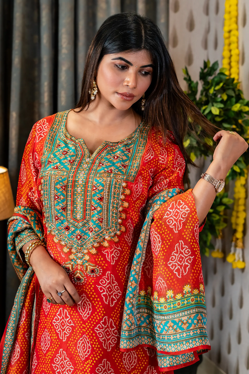 Orange & Firozi Bandhani Print Suit Set