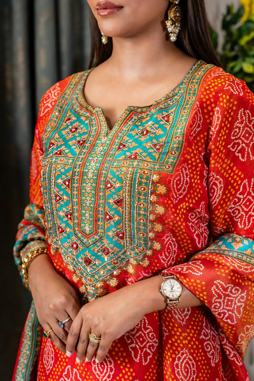 Orange & Firozi Bandhani Print Suit Set