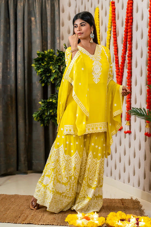 Sunny Yellow Color Chinnon Embroided Garara Set