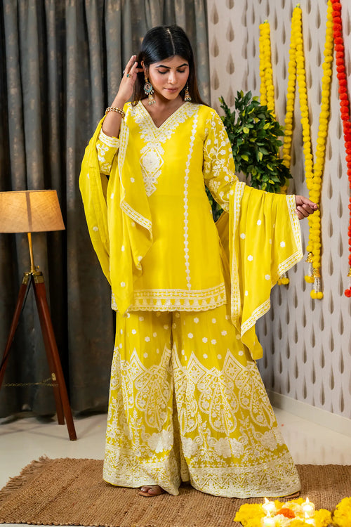 Sunny Yellow Color Chinnon Embroided Garara Set