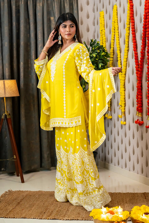 Sunny Yellow Color Chinnon Embroided Garara Set