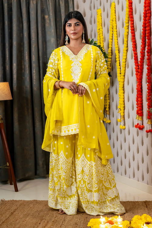 Sunny Yellow Color Chinnon Embroided Garara Set