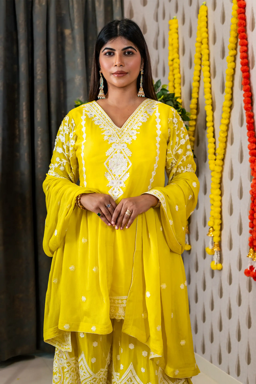 Sunny Yellow Color Chinnon Embroided Garara Set