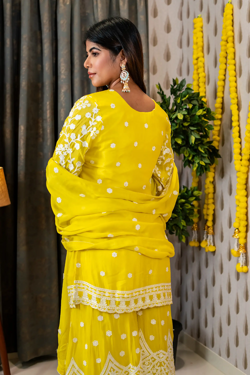 Sunny Yellow Color Chinnon Embroided Garara Set