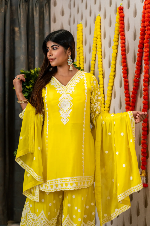 Sunny Yellow Color Chinnon Embroided Garara Set