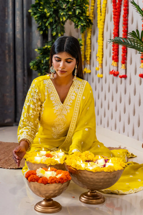 Sunny Yellow Color Chinnon Embroided Garara Set