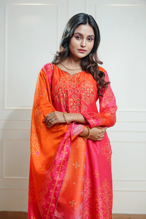 Pink and Orange Crepe Bandhani Print Suit Set.