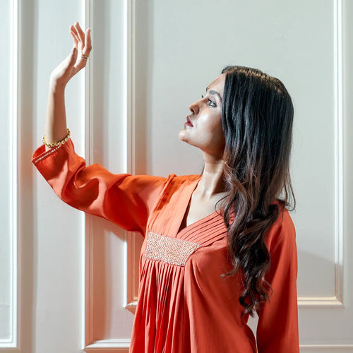Rust Orange Silk A-Line Suit Set.