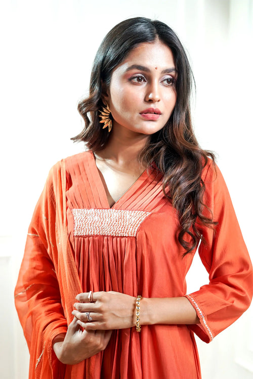 Rust Orange Silk A-Line Suit Set.