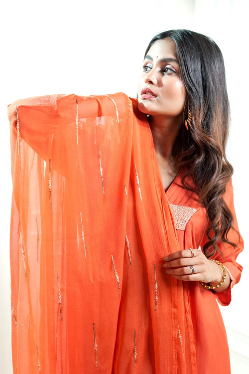 Rust Orange Silk A-Line Suit Set.