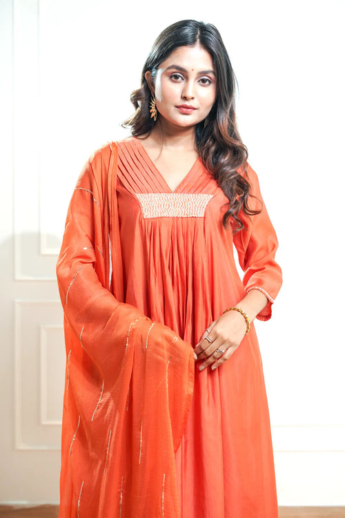 Rust Orange Silk A-Line Suit Set.