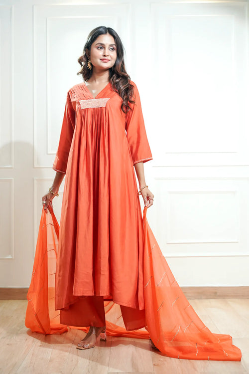 Rust Orange Silk A-Line Suit Set.