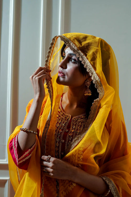 Hot Pink & Yellow Gota Work Patiyala Suit Set.