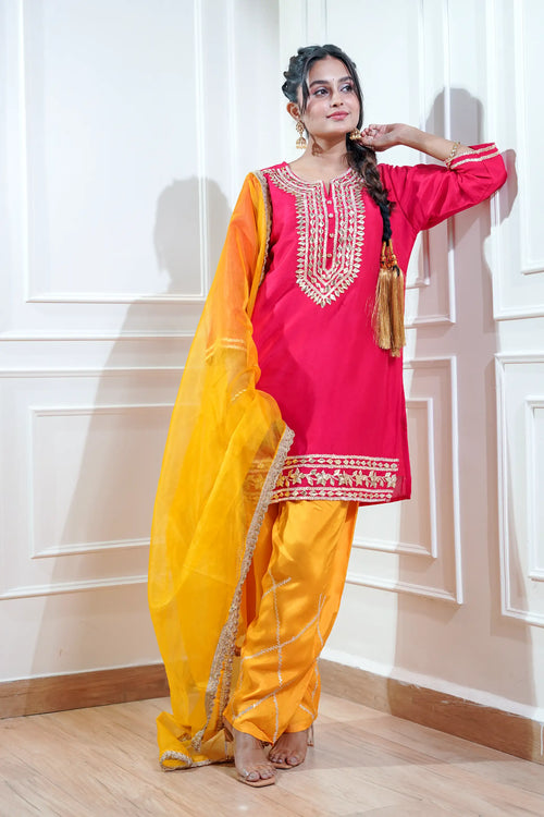 Hot Pink & Yellow Gota Work Patiyala Suit Set.