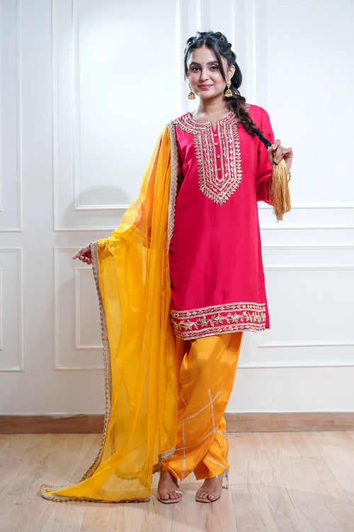 Hot Pink & Yellow Gota Work Patiyala Suit Set.