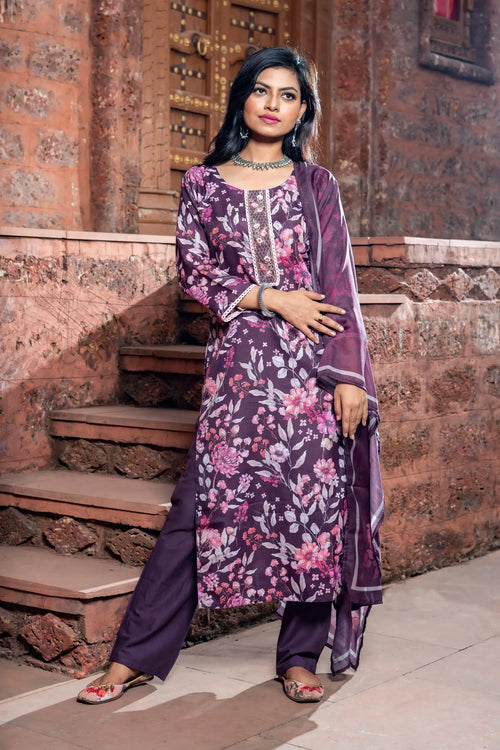 Wine Floral Straight Suit Set