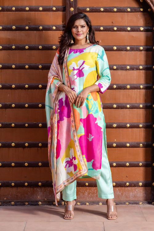 Multicolor Muslin Straight Suit Set